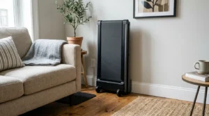 Folded black walking pad stored upright next to a sofa in a modern apartment
